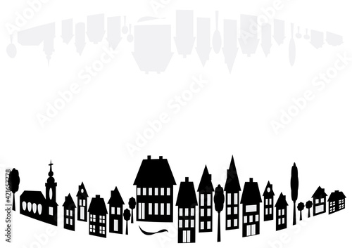 Banners with arched village silhouettes of architectural buildings with empty space for your text. Black and white illustration of houses with gray mirroring. 