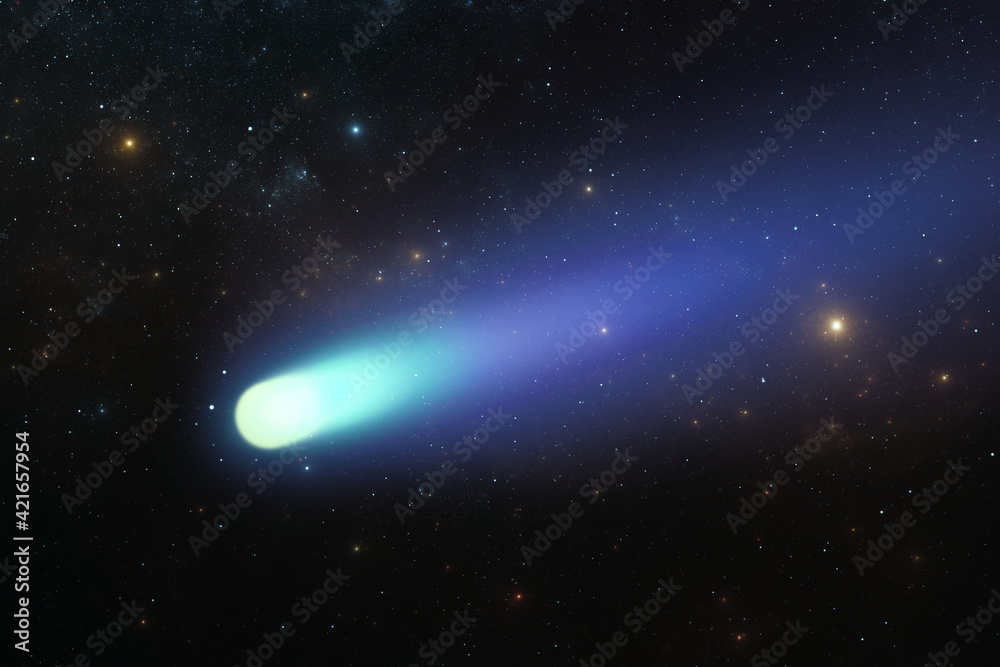 Falling bright comet and tail with large dust and gas trails on sky background Falling bright comet and tail with large dust and gas trails on sky background