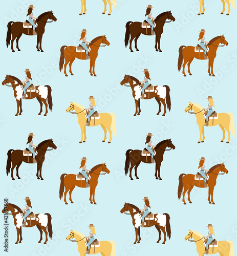 Vector seamless pattern of flat different color cowboy woman girl riding western horse isolated on blue background