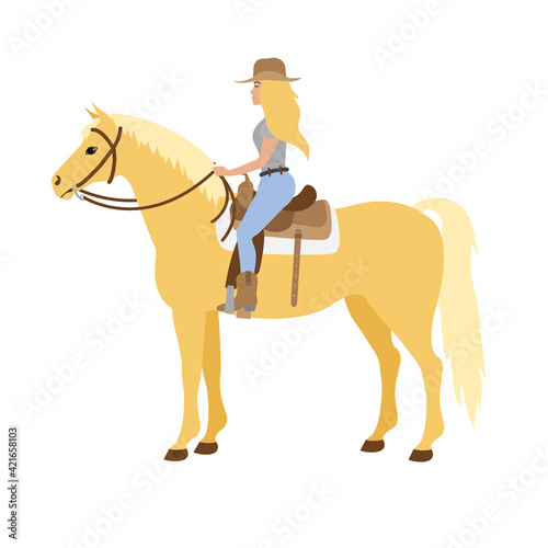 Vector flat cowboy blond woman girl riding western horse isolated on white background