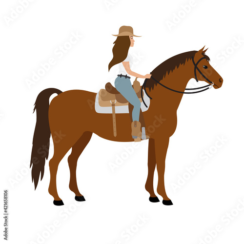Vector flat cowboy woman girl riding western horse isolated on white background