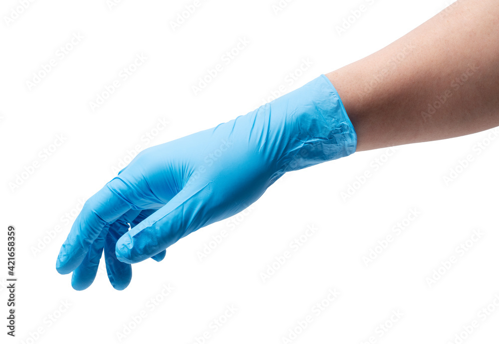 Hand wearing nitrile gloves on white background Hand wearing nitrile gloves on white background