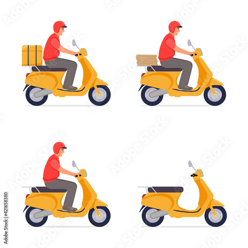 Set illustration. Delivery, the guy on the moped is carrying parcel . Flat cartoon design.