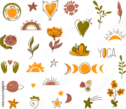 Clipart set of decor, lettering yoga, flowers, sun, moon, hands. Sports, fitness, worth, development, vegetarianism. Retro style. Decor for decoration. Vector illustration in cartoon style.