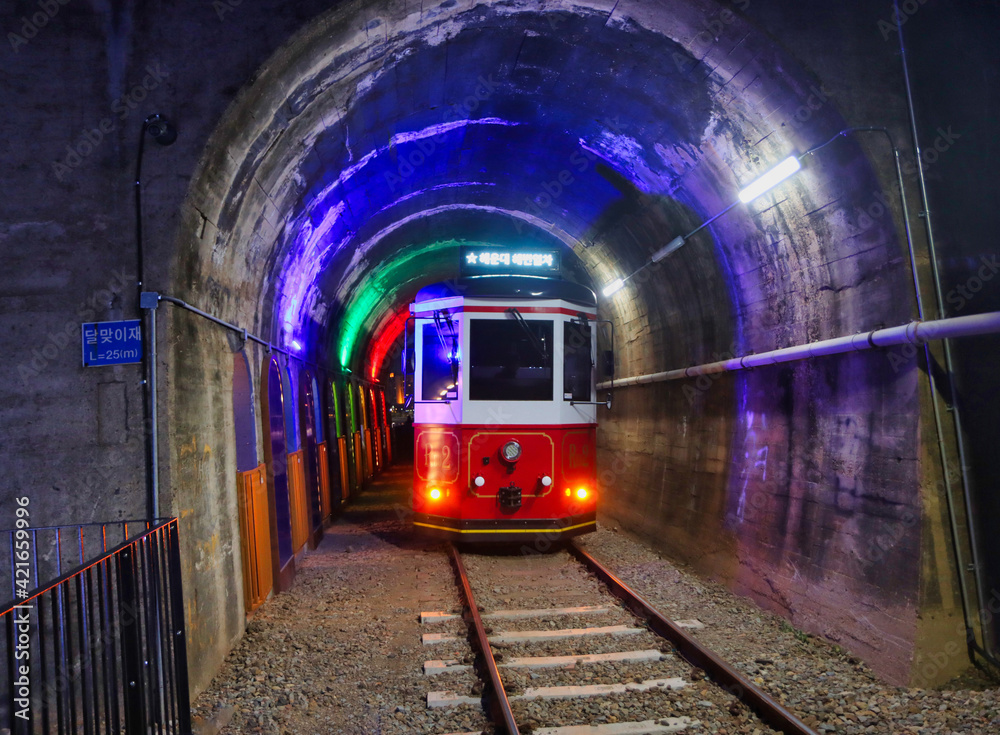 Naklejka premium Night view of Haeundae Beach Train, Busan, South Korea, Asia.