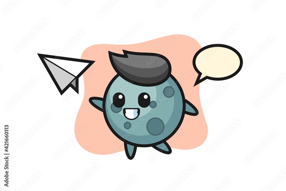 Asteroid cartoon character throwing paper airplane