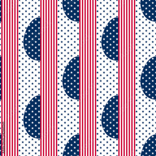 Easter Eggs seamless pattern decorated with colours and symbols of the USA flag. Geometric background with red and white stripes and blue and white five pointed stars for wrapping paper and prints.