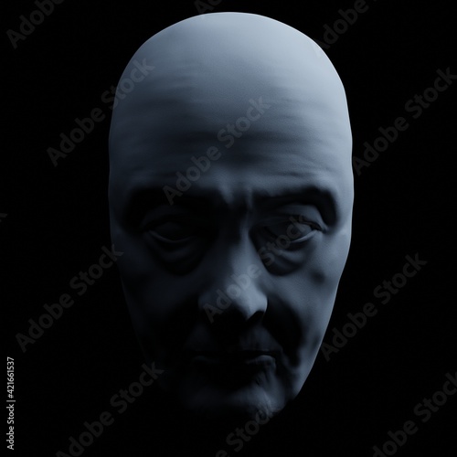 3D model of generic old men's head on a black background, horror lighting