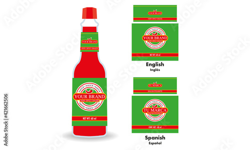 your brand very spicy sauce bottle, red hot sauce, transparent small bottle illustration vector, pepper sauce, labels in two idioms, english and spanish