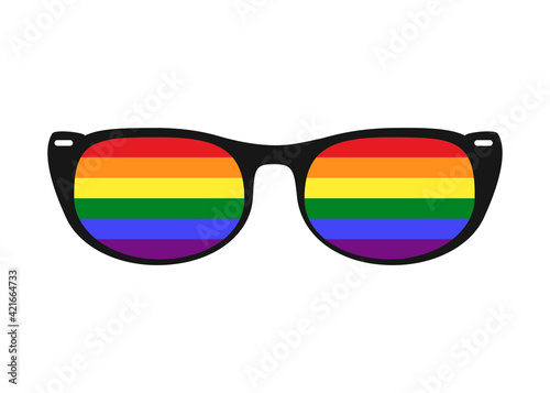 Vector illustration of sunglasses with LGBT gay rainbow lenses isolated on white background. Rainbow, LGBT pride, gay, human rights concept.