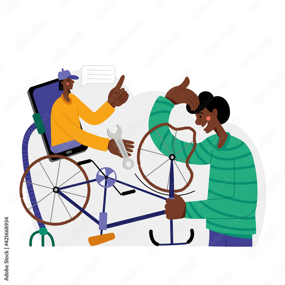 Bicycle repair. A black man repairs a bicycle. The mechanic repairs the bicycle, the mechanic inflates the wheels. Web graphics, banners, advertisements, business templates. Bicycle repair. A black man repairs a bicycle. The mechanic repairs the bicycle, the mechanic inflates the wheels. Web graphics, banners, advertisements, business templates.