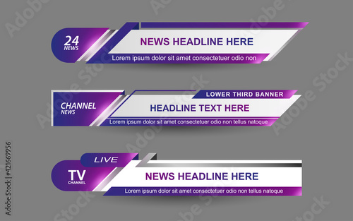Set collection vector of Broadcast News Lower Thirds Template layout design banner for bar Headline news title, sport game in Television, Video and Media Channel