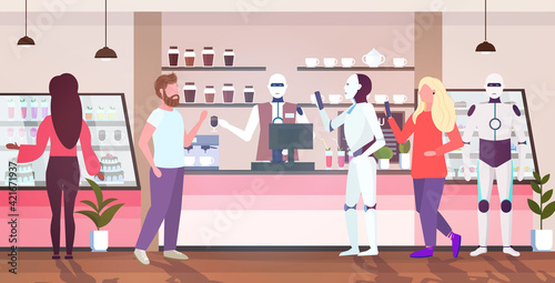 robotic barista serving people and robots clients artificial intelligence technology concept cafe interior full length horizontal