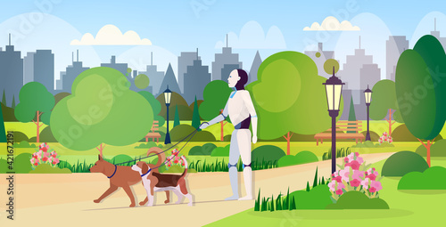 modern robot walking with dogs artificial intelligence technology concept public park cityscape background horizontal full length vector illustration