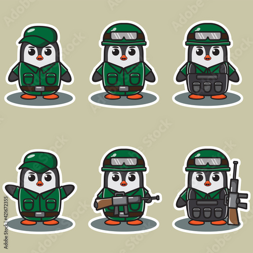 Vector illustration of cute Penguin Soldier. Cute Penguin expression character design bundle. Good for icon, logo, label, sticker, clipart.