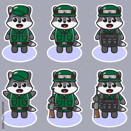 Vector illustration of cute Wolf Soldier Cartoon. Cute Wolf expression character design bundle. Good for icon  logo  label  sticker  clipart.