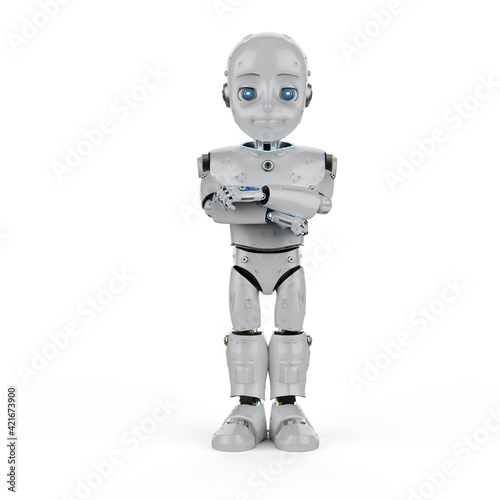 Cute robot with cartoon character folded arms