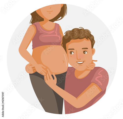 New dad smiling. Man is listening to his pregnant wife's tummy. Family fatherhood 