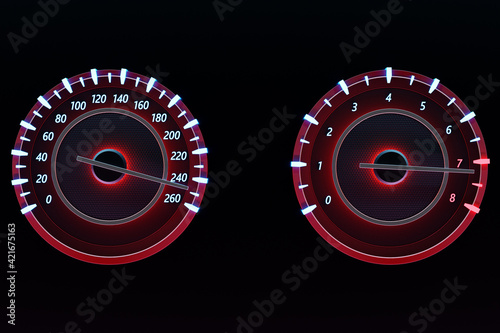  3D illustration of the sign and symbol on car dashboard. Car speedometer and tachometer  closeup under red neon lights. . photo