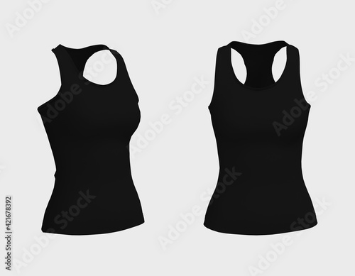 Blank  women tank top mockup in front and side views, design presentation for print, 3d illustration, 3d rendering photo