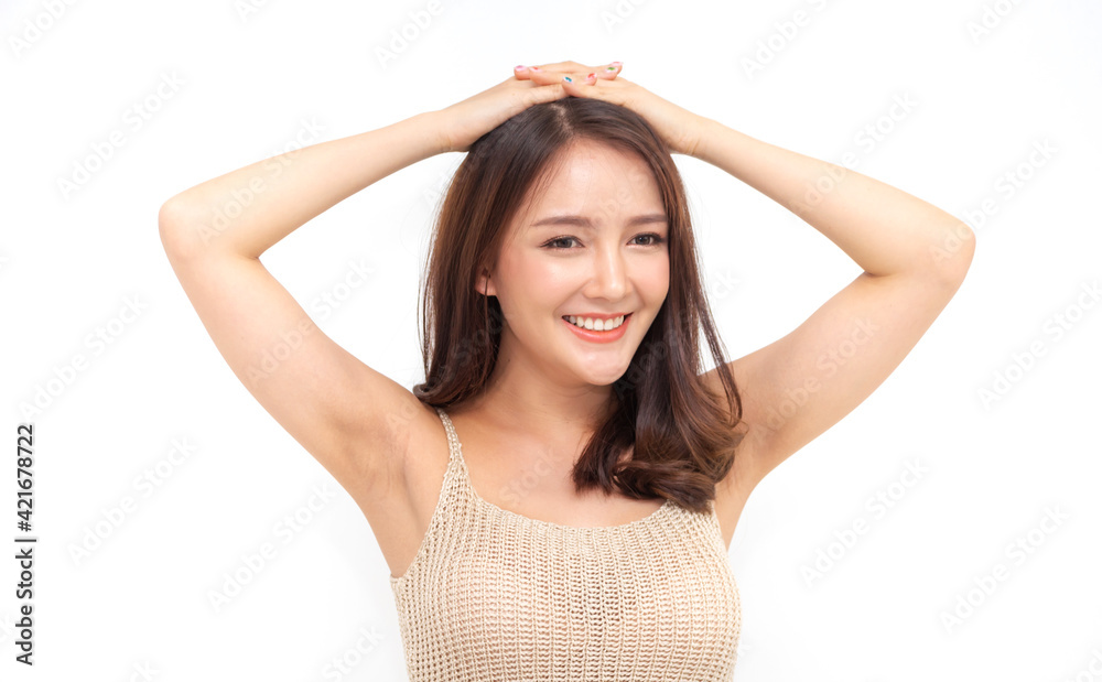 Smiling of cheerful beautiful pretty asian woman clean fresh healthy white skin posing.Girl felling relaxing and enjoy time on white background at home.asia beauty