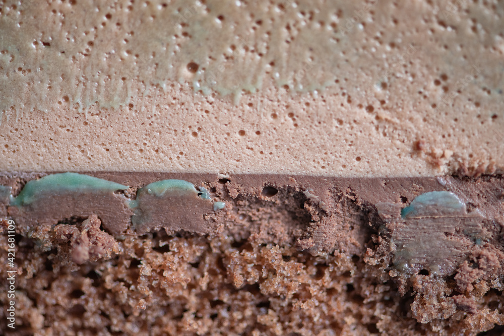 A piece of three-layer homemade mirrored honey cake on a plate close-up. A piece of three-layer homemade mirrored honey cake on a plate close-up.