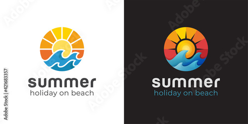 modern logos of beach surf or wave with sunset vector icon