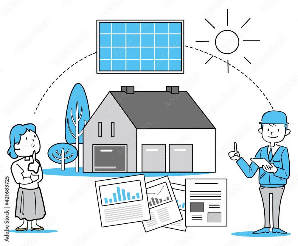 家のイラストシンプルライン ソーラーパネル設置計画 Stock Vector Adobe Stock