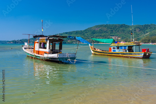 Fishing boats on Kamala beach on Phuket island, Thailand
