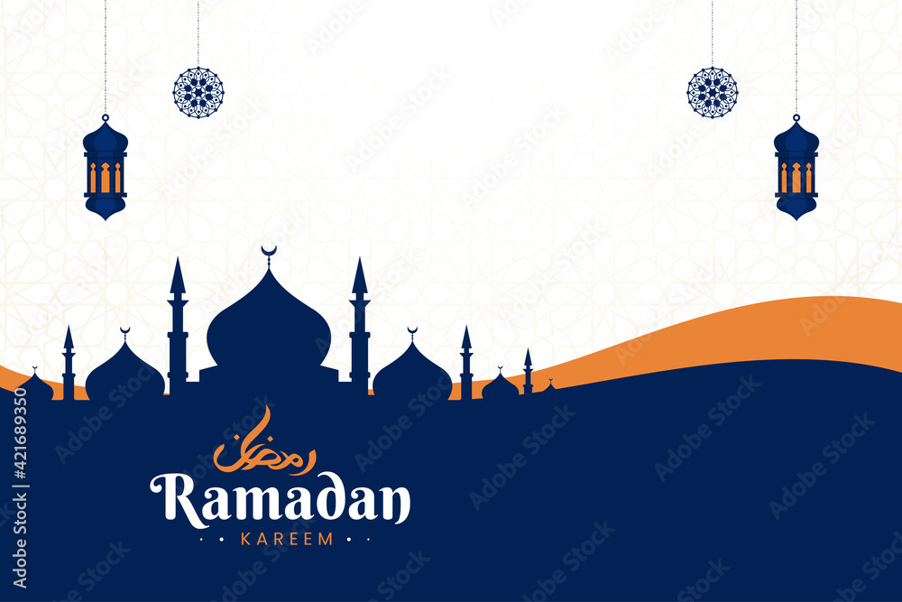 Ramadan Kareem Banner background islamic symbol with mosque, lantern, arabic calligraphy and mandala pattern. Suitable for invitation and poster. Vector Illustration idea concept Flat Styles.