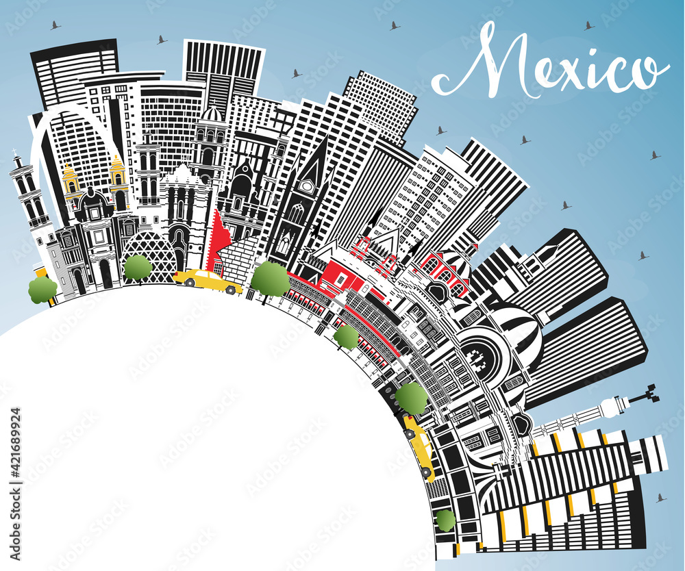 Mexico City Skyline with Gray Buildings, Blue Sky and Copy Space.