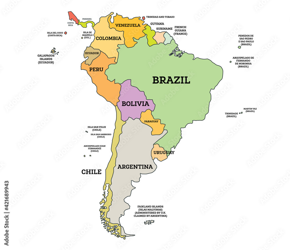 South America Political Map Map With Name Of Countries Isolated On