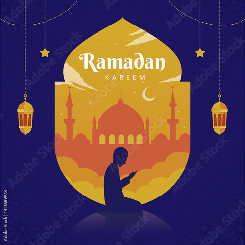 Ramadan Kareem Greeting card background islamic symbol with crescent moon, silhouette mosque and lantern. Suitable for invitation, poster and banner. Vector Illustration idea concept Flat Styles.