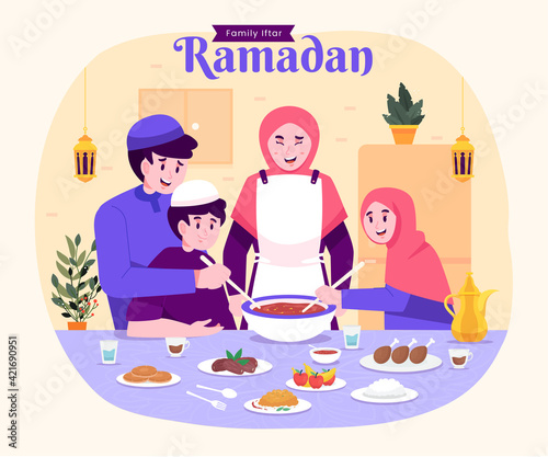 Moslem family iftar enjoying ramadan kareem mubarak together in happiness during fasting with meal, food and dates, suitable for Greeting card, invitation and banner. flat vector illustration