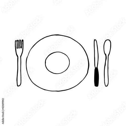 plate, spoon, fork, knife icon, concept. hand drawn doodle style. vector, minimalism, monochrome, sketch. table set, dishes, food, lunch, cutlery.