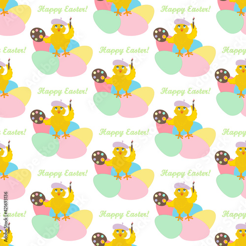 Chick painting easter eggs cute animal vector illustration seamless pattern