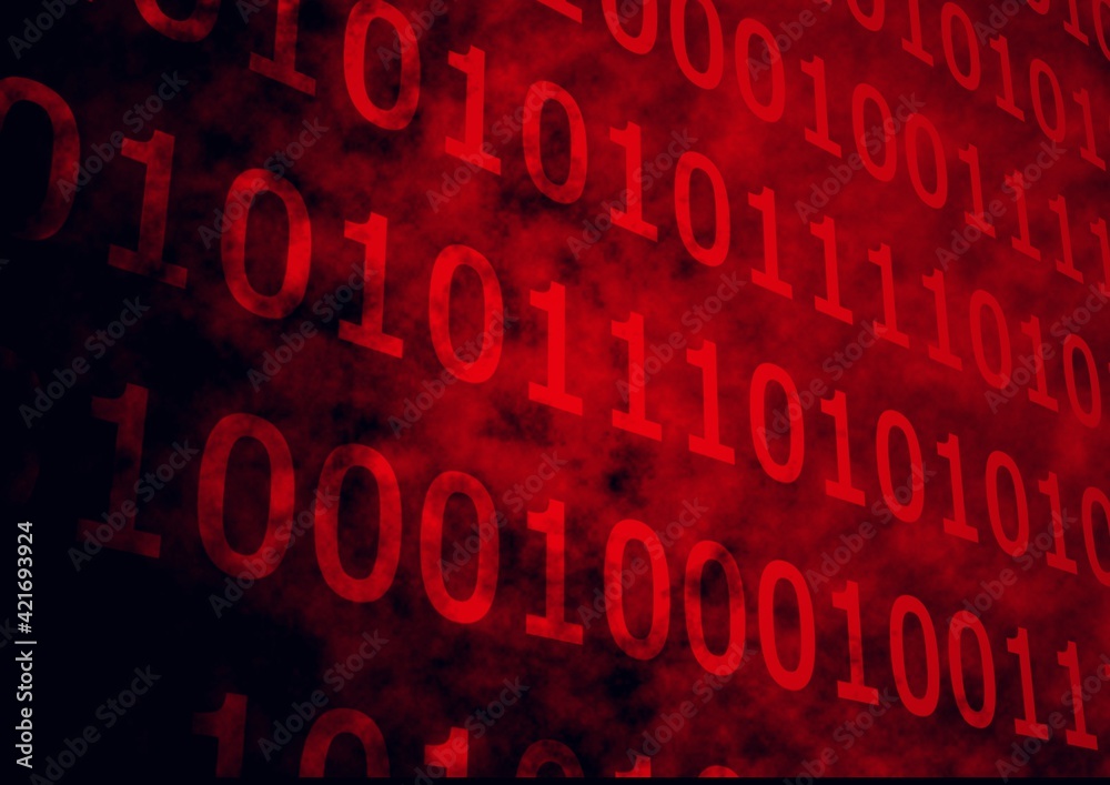 Composition of binary coding processing in red glowing letters Composition of binary coding processing in red glowing letters