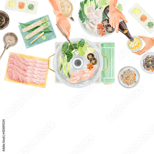 しゃぶしゃぶパーティー食事風景水彩手書きイラスト Stock Vector Adobe Stock