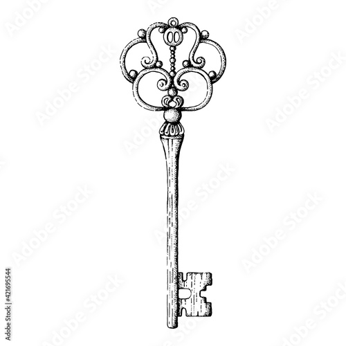 Old key. Black and white illustration on a white background.
