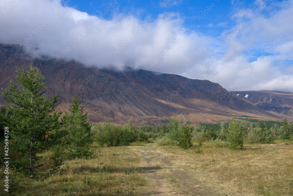Cloud front over the Rai-Iz mountain range. Summer in the Polar Urals, Russia