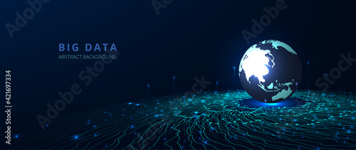 Big data network visualization concept.Vector big data visualization. 3d Round with Wave Lines moving towards the world. Futuristic infographic vector illustration. 