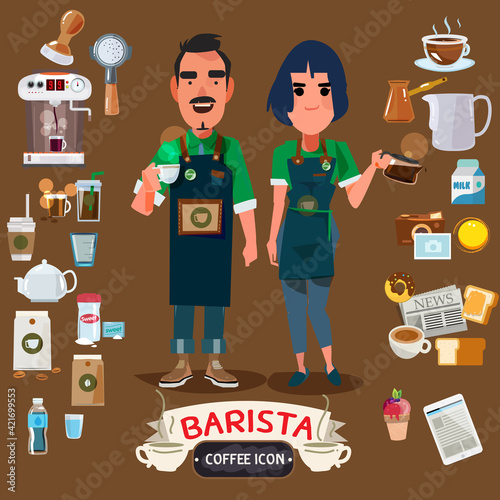 barista man and women with coffee maker tools set - vector