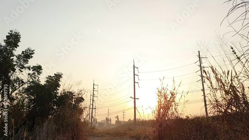 Electricity substation with green grass field in the morning light, Transmission line of electricity to rural field, Electricity tower with green nature landscape