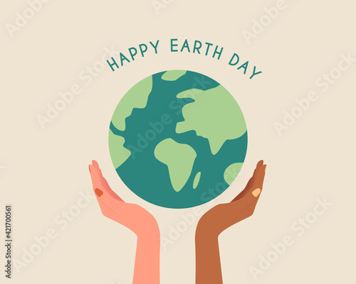 Happy earth day.International hands holding globe.Earth day concept.Modern colorful vector illustration cartoon 