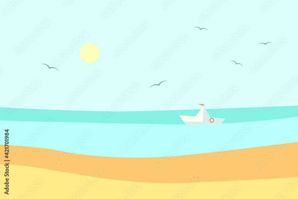 Vector flat illustration : sunny seascape. Light sky, round sun, calm blue sea, small white ship,  warm beige sand. Nice design for card, poster, flyer, interior picture about travel , vacation.