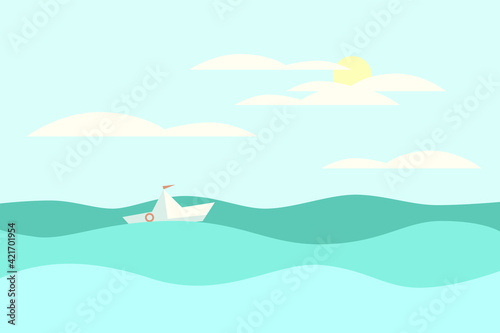 Vector flat illustration   sunny  windy day with light clouds. Blue sea  small white boat on waves. Nice design for card  poster  flyer about travel  tourism  adventure  weather.