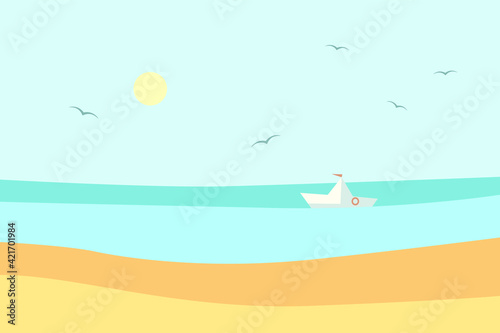 Vector flat illustration : sunny seascape. Light sky, round sun, calm blue sea, small white ship, warm beige sand. Nice design for card, poster, flyer, interior picture about travel , vacation.