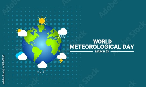 Vector illustration of a globe surrounded by weather icons, as a banner, posster, or template for world meteorological day.
