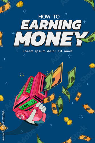 Earning money poster concept. gun and banknote - vector