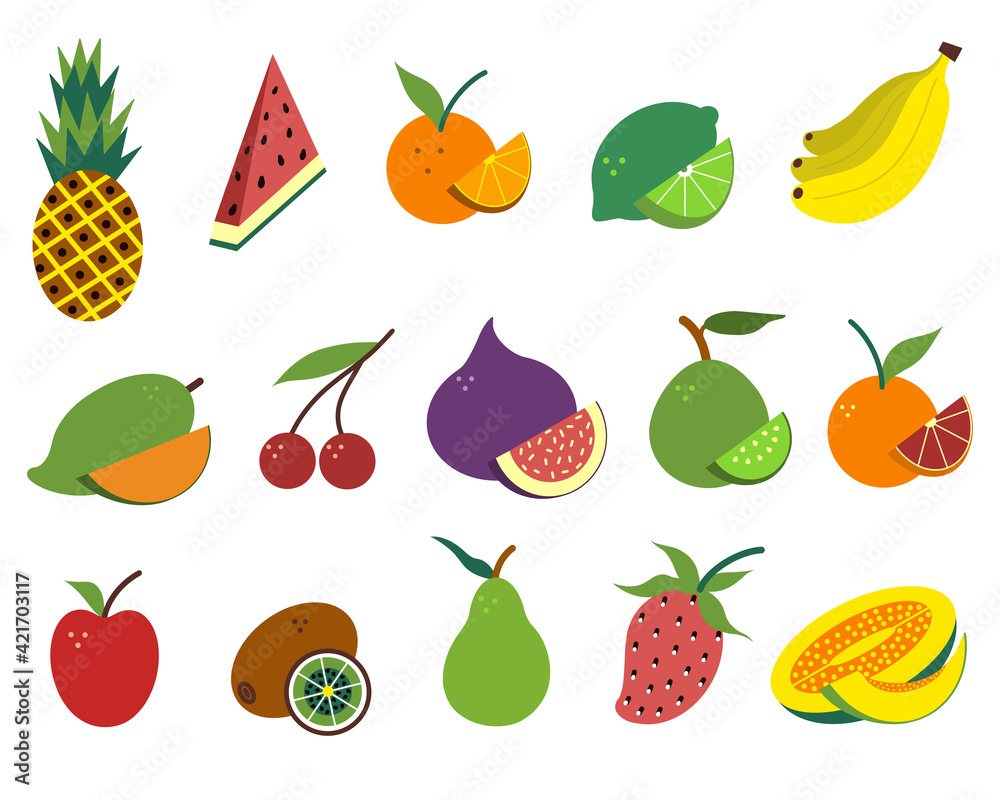 A large set of exotic fruits in a flat style. Set of isolated vector icons with tropical summer fruits. A large set of exotic fruits in a flat style. Set of isolated vector icons with tropical summer fruits.